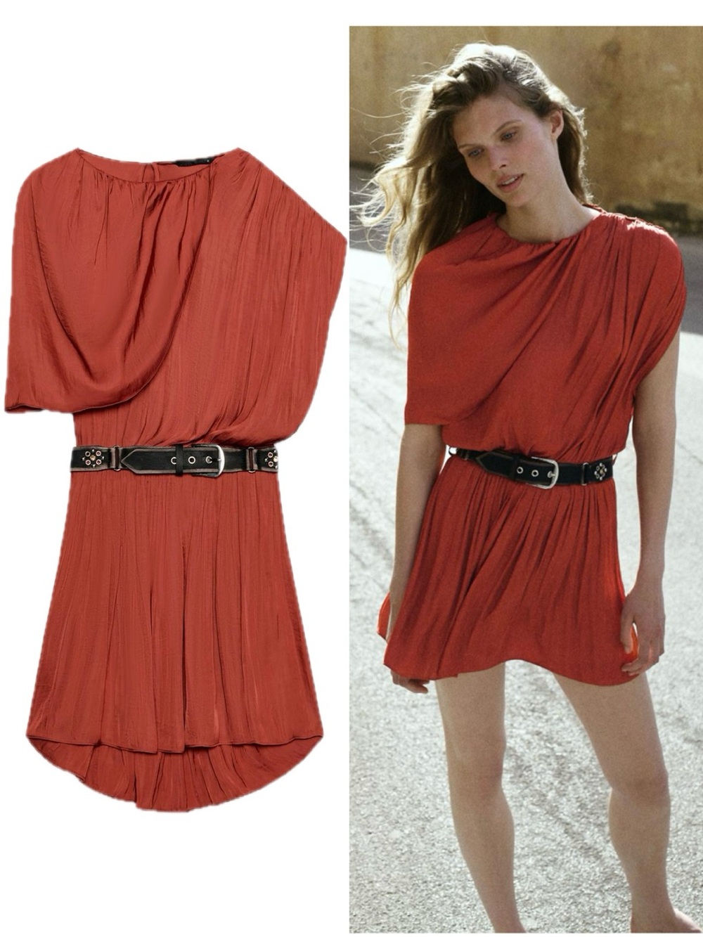ZARA Dark Russet Satin Effect Asymmetrical Draped Belted Mini Dress NWT